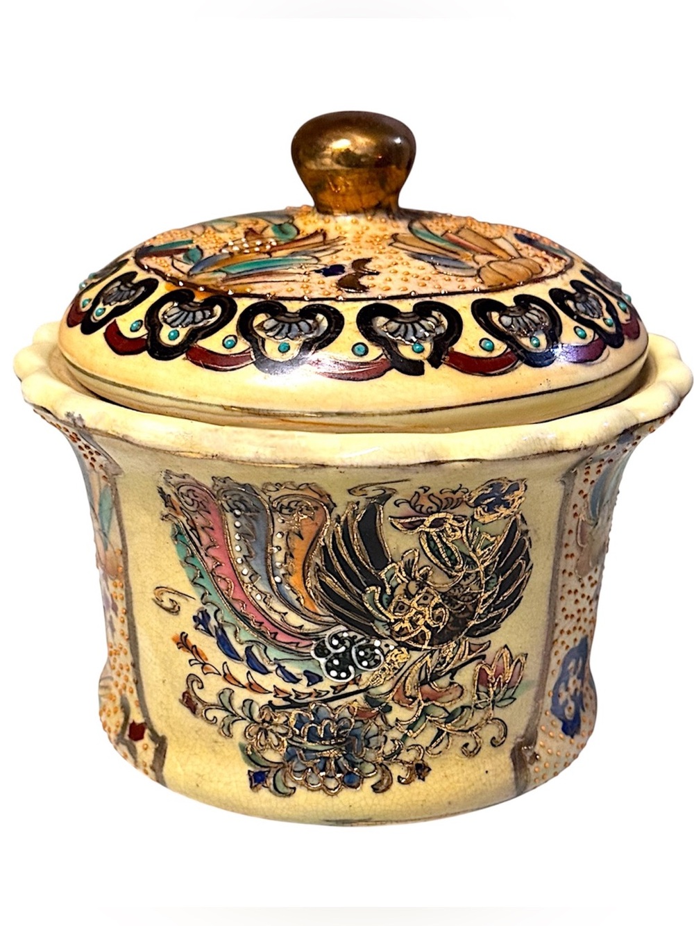 60s Satsuma Style Repro Cream/Multi Moriage Bird Gilded Porcelain Canister Japan